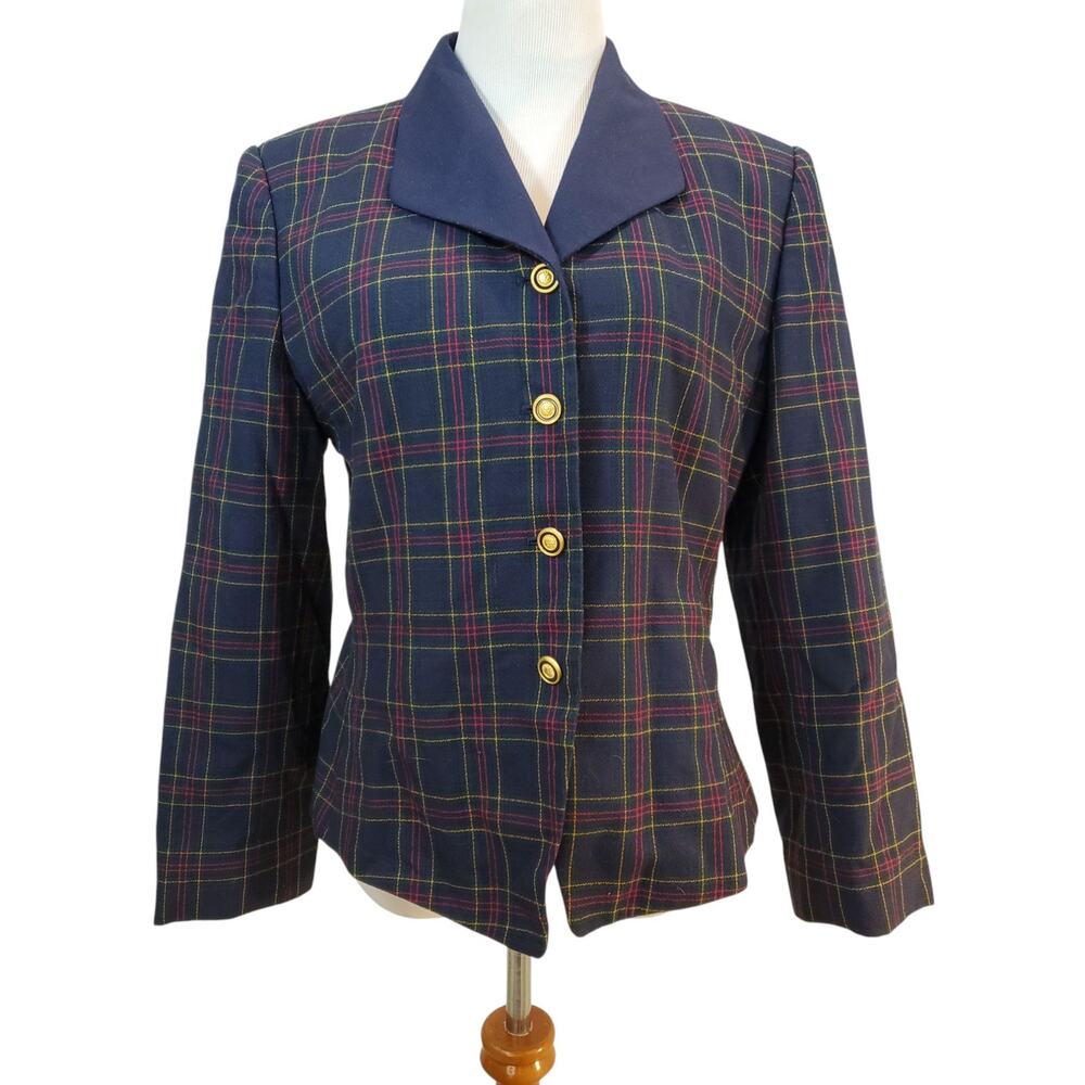 VTG Casual Corner Petite Plaid Tartan Preppy 1990s Navy Blue Heathers Blazer 12